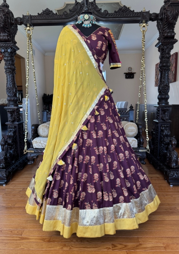 Maroon Block Print Flare Chaniya